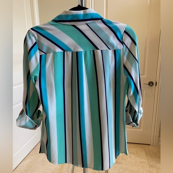 Blue Aqua White Striped button up collared shirt size XXS Denim and Company - Picture 3 of 11